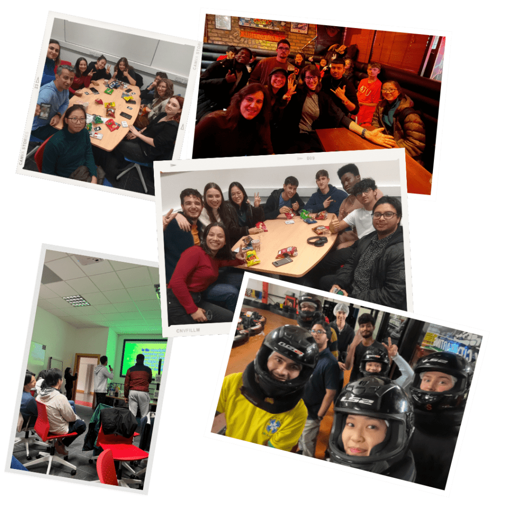 International Student Society members engaging in diverse activities including board games, dining out, and go-karting.